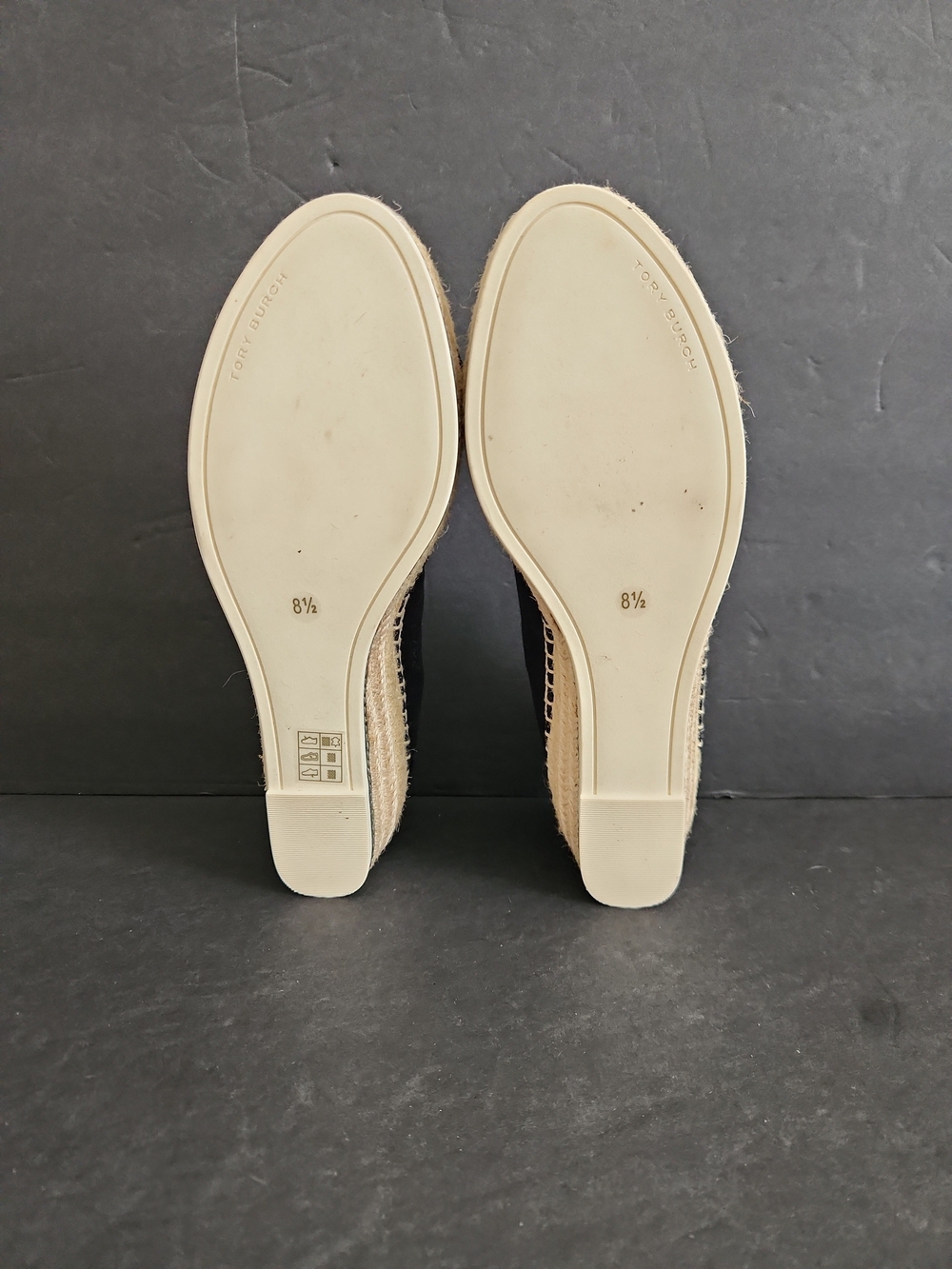 Tory Burch Espadrille Flat Logo Black Leather Canvas Women Size 8.5 - Picture 6 of 8